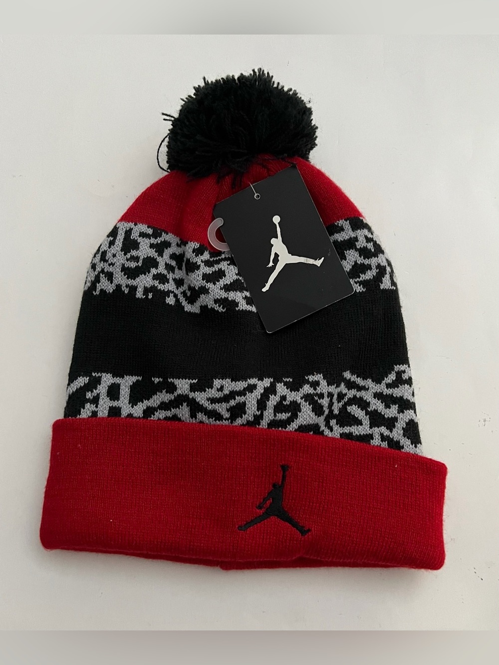 NWT Youth Sz 8/20 Jordan Red, Black and Gray Pom Knit Beanie